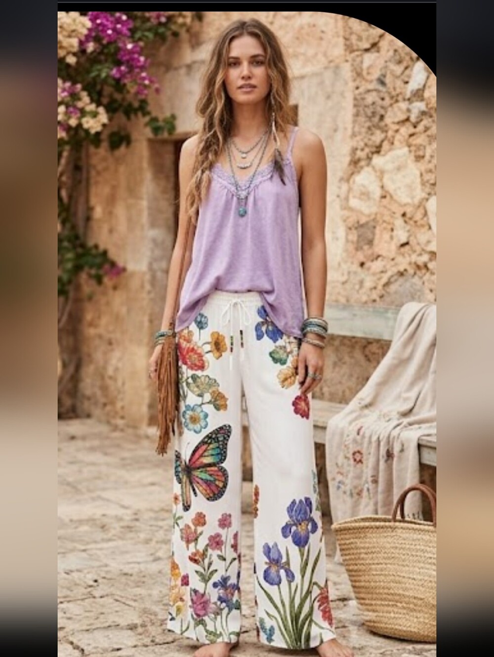 Boho Floral Wide-Leg Pants in White with Butterfly Print